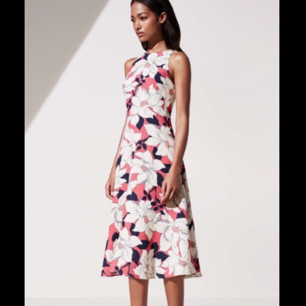 Ann Taylor Pink Tropical Floral Midi Linen Blend Summer Sun Dress Size 6